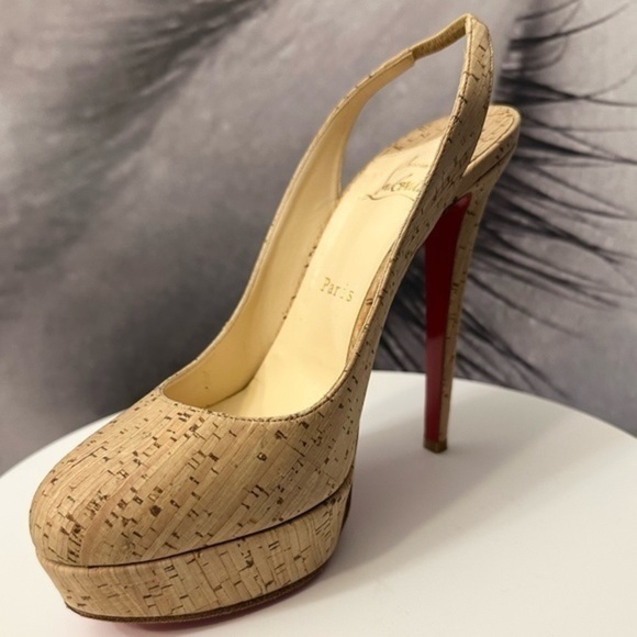 🌺 CHRISTIAN LOUBOUTIN 👠 Bianca Slingback 140mm Cork Platform Pump size 38.5 - Picture 7 of 16